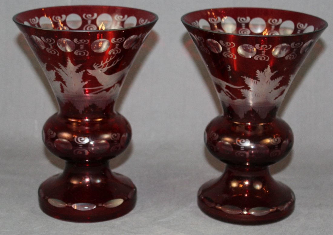 Pair cranberry cut to clear crystal vases with hunt (1 of 4)