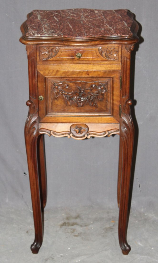 French Louis XV carved walnut chevet with marble top (1 of 4)