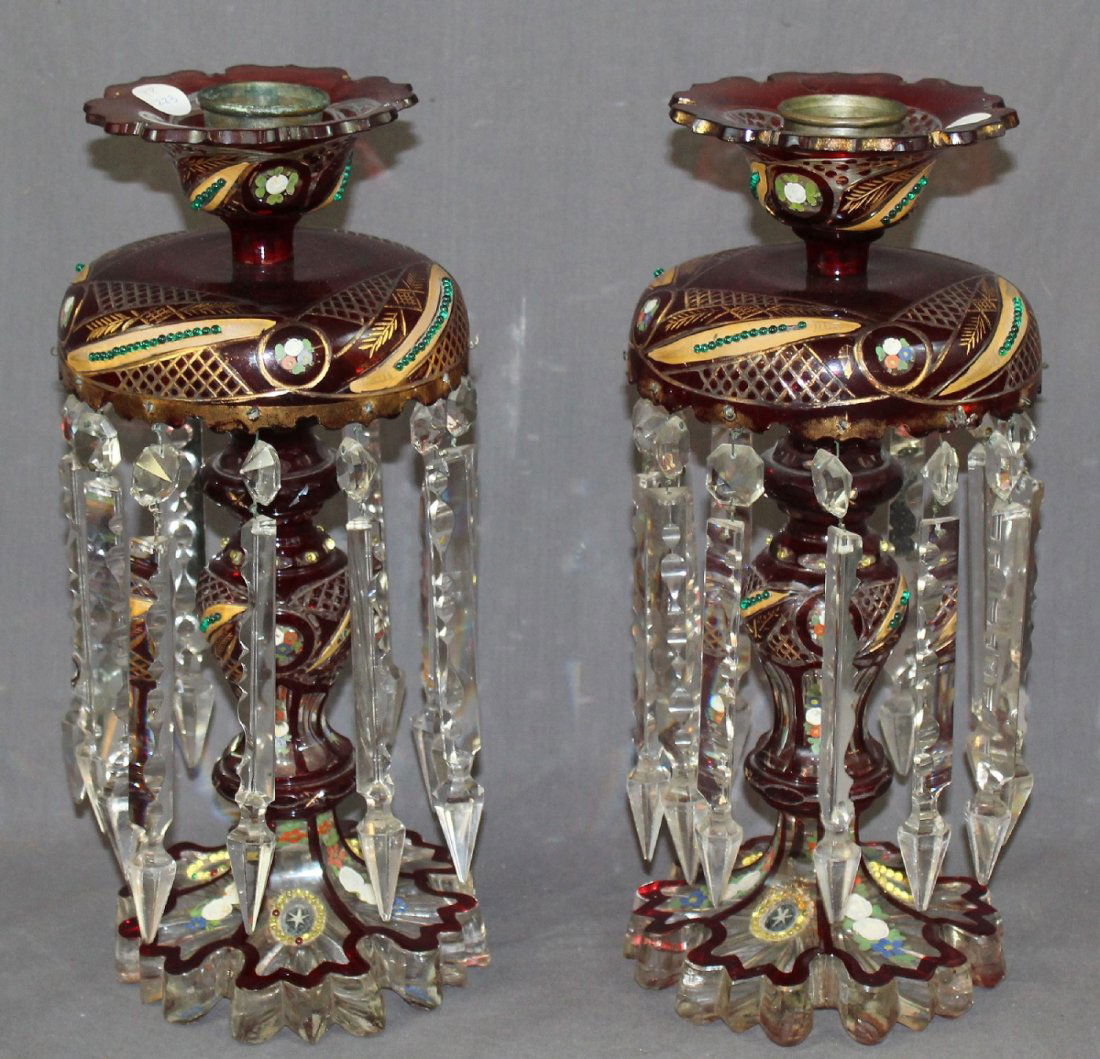 Pair Victorian Bohemian cranberry glass lusters (1 of 5)