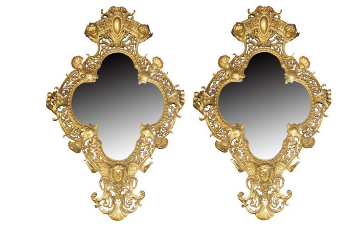 A pair of French gilt bronze mirrors with cherubs (1 of 8)