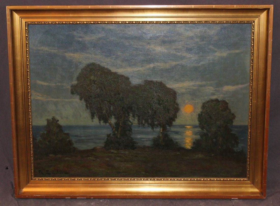 R. Emalson oil on canvas Birches in Moonlight: R. Emalson oil on canvas Birches in Moonlight Signed l/l and en verso. 27.5"h x 37.5"w Framed 32.75"h x 43"w