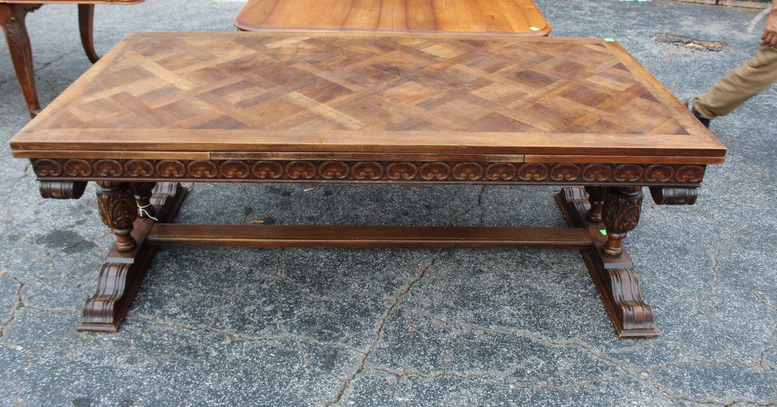 French parquet top draw leaf table with barrel legs (1 of 4)