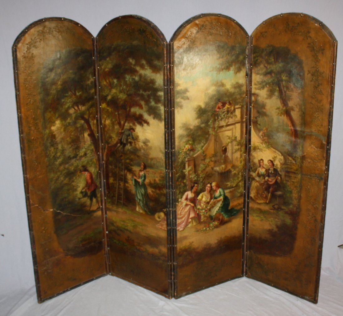 19th century French painted leather 4 panel screen (1 of 5)