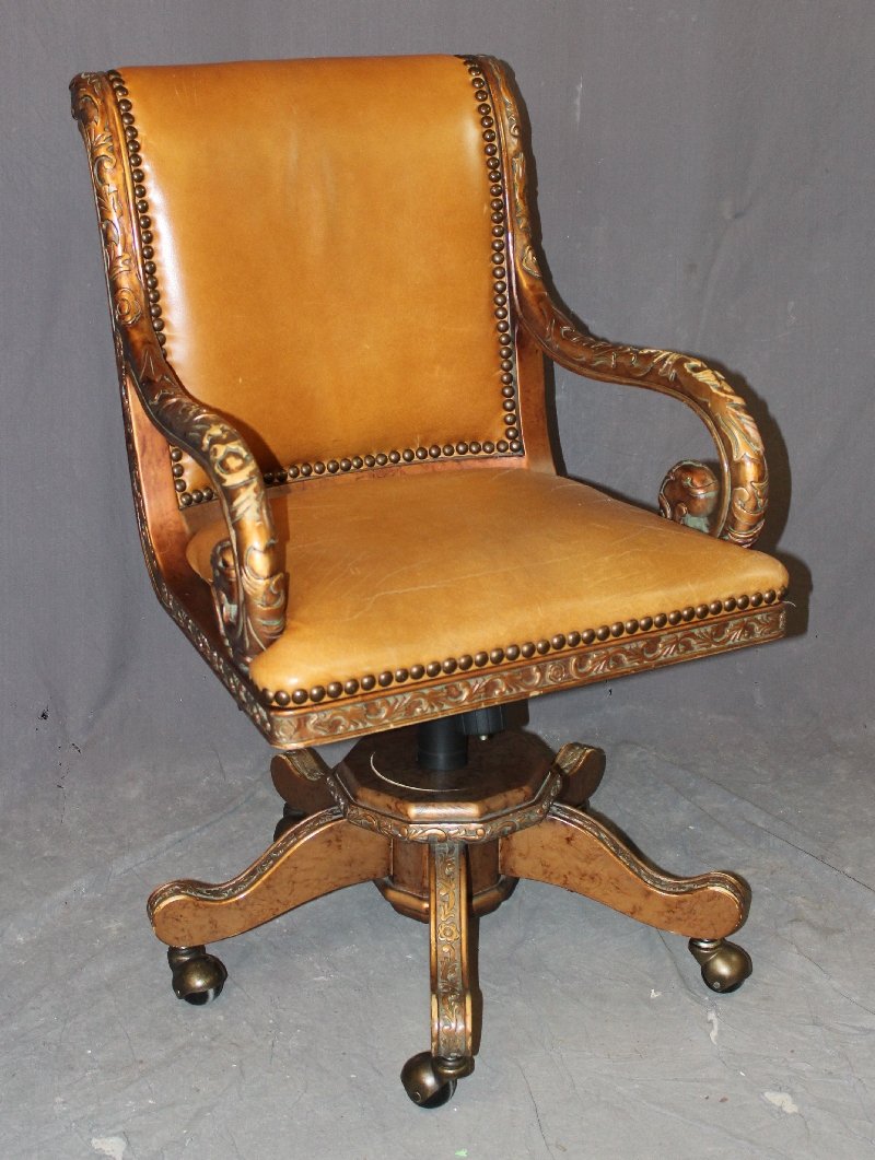 Leather rolled arm desk chair on casters (1 of 5)