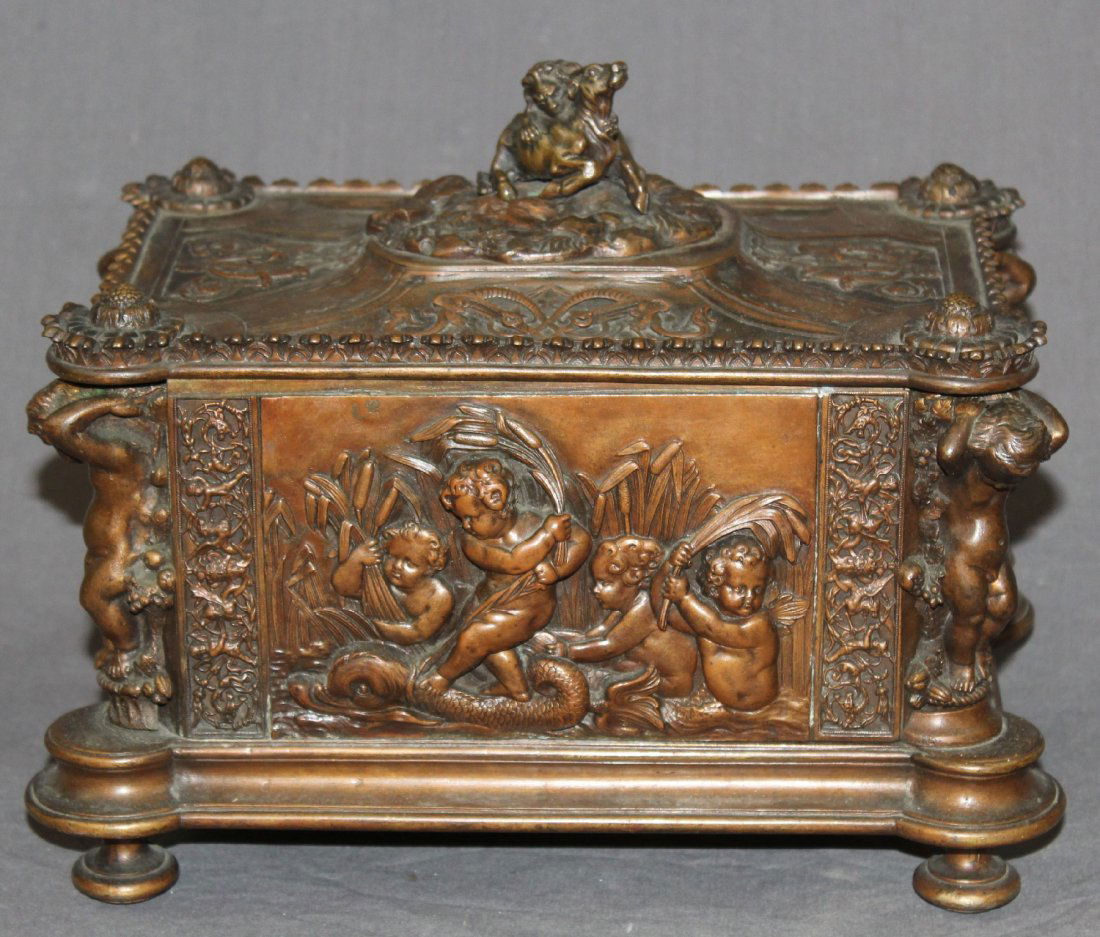 Antique French copper relief dresser box with cherubs (1 of 5)
