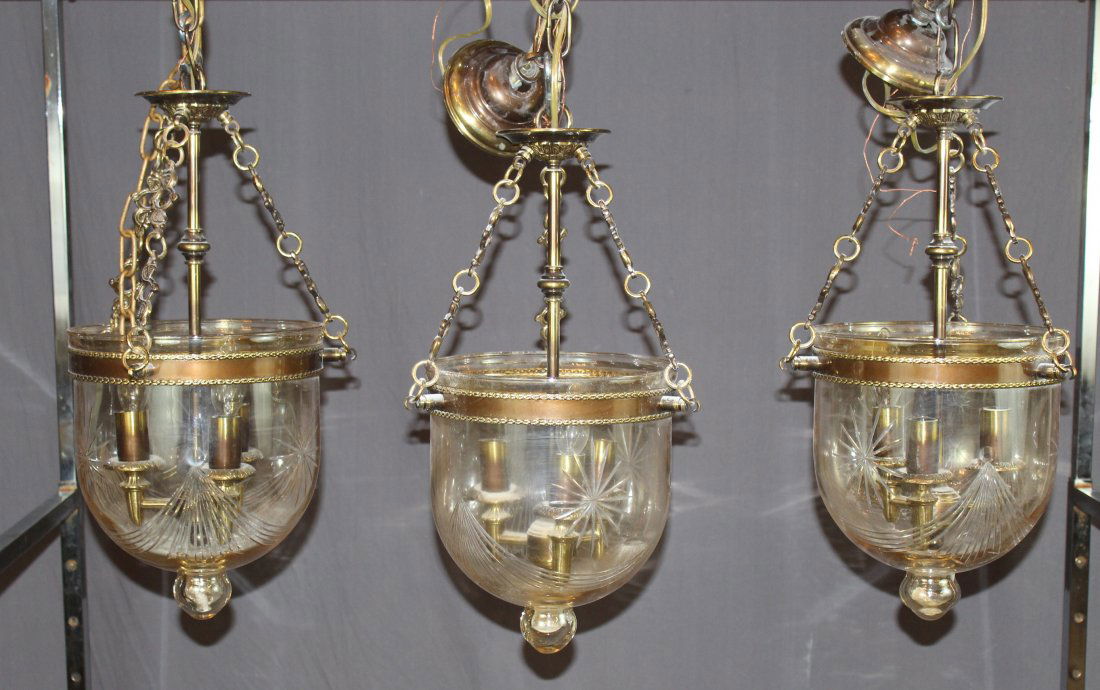 Lot of 3 etched glass bell jar hanging lights (1 of 2)