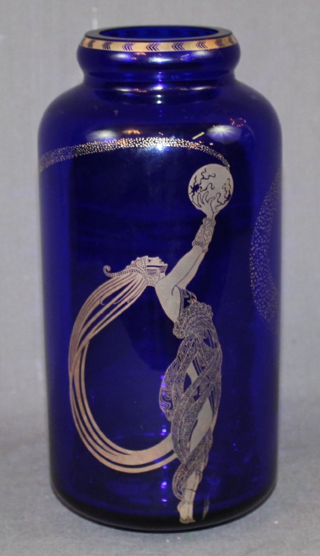 Etched cobalt glass vase Fireflies After Erte (1 of 5)