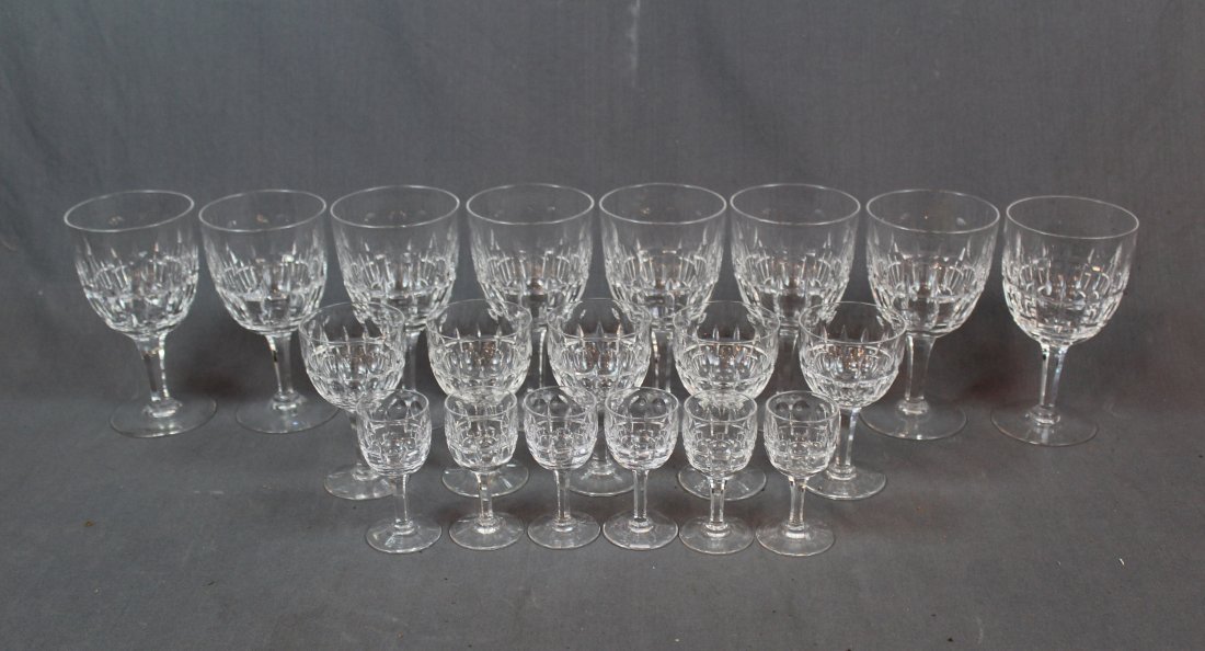 Lot of 19 pieces Stuart England crystal stemware: Lot of 19 pieces Stuart England crystal stemware. 8 wine glasses 6"h, 5 port glasses 4 3/8"h and 6 cordial glasses 3 1/2"h