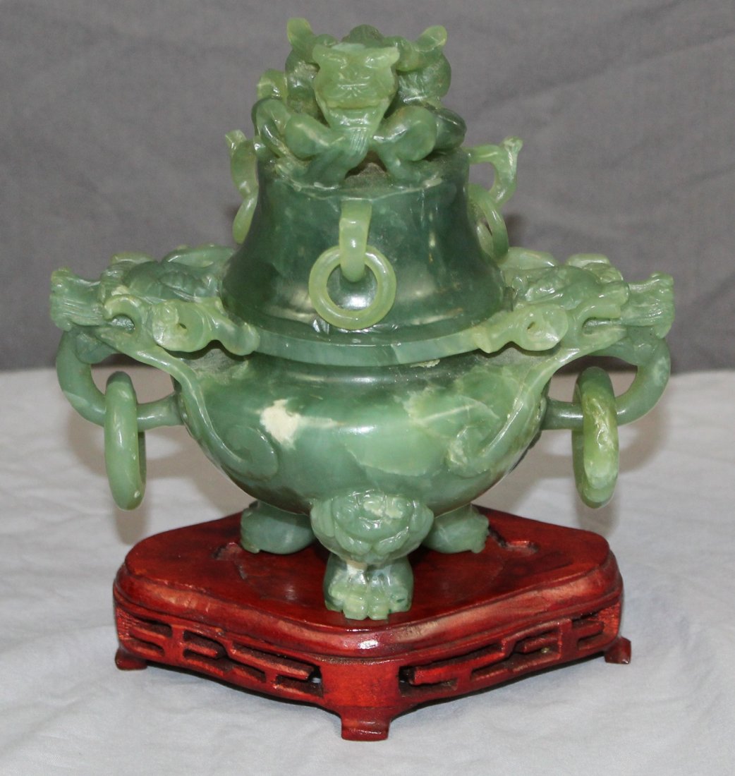 Chinese carved jade censor with dragon (1 of 2)