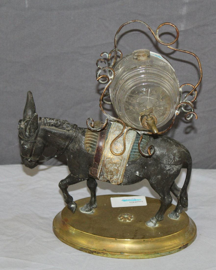 Miniature bronze tantalus - donkey with glass keg (1 of 4)