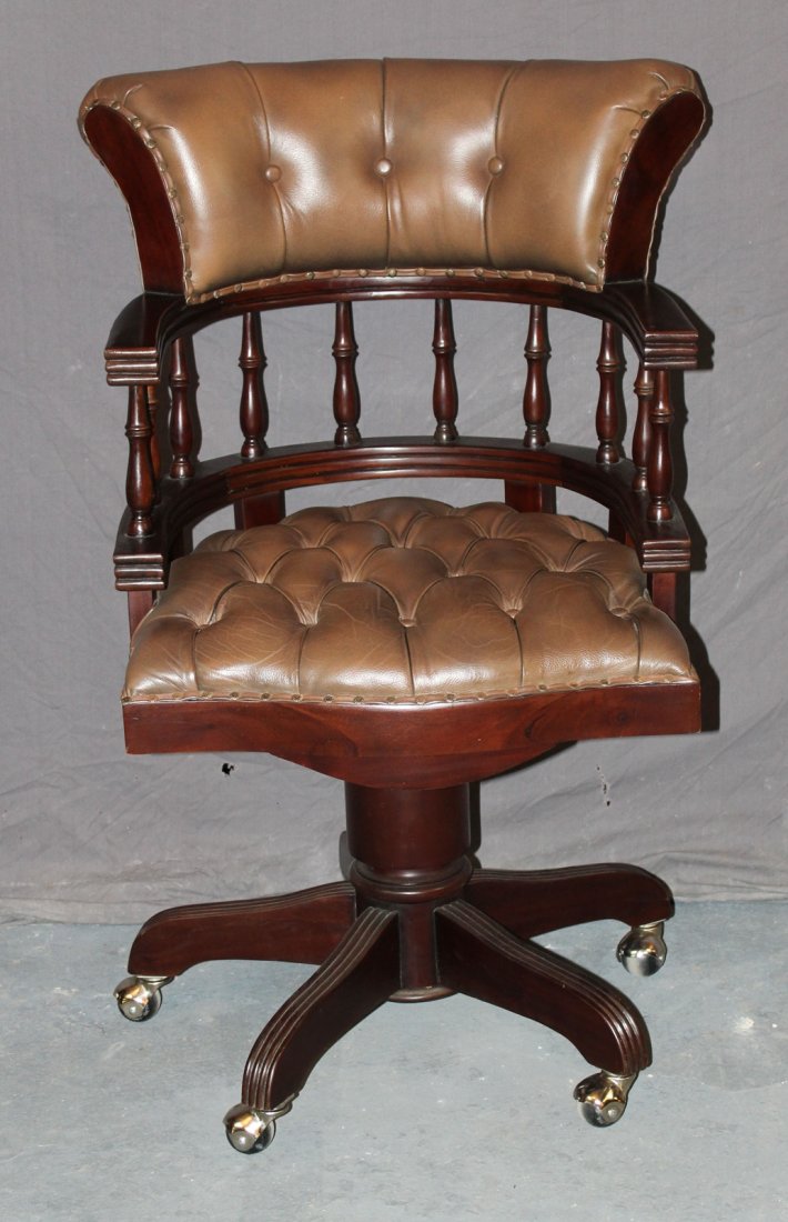 Mahogany & leather captain's desk chair: Mahogany & brown leather captain's desk chair. 41 1/2"h X 22 1/2"d