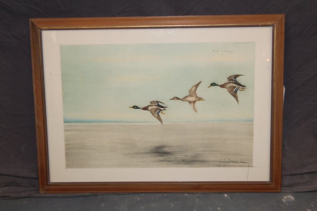 Leon Danchin (French, 1887-1939) signed etching: Leon Danchin (French, 1887-1939) signed etching Mallards in flight. Copyright 1938.