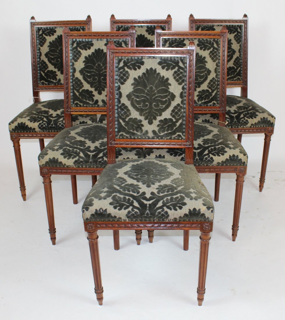 Set of 6 Louis XVI style chairs: Set of 6 Louis XVI style side chairs in green damask upholstery. 38"h