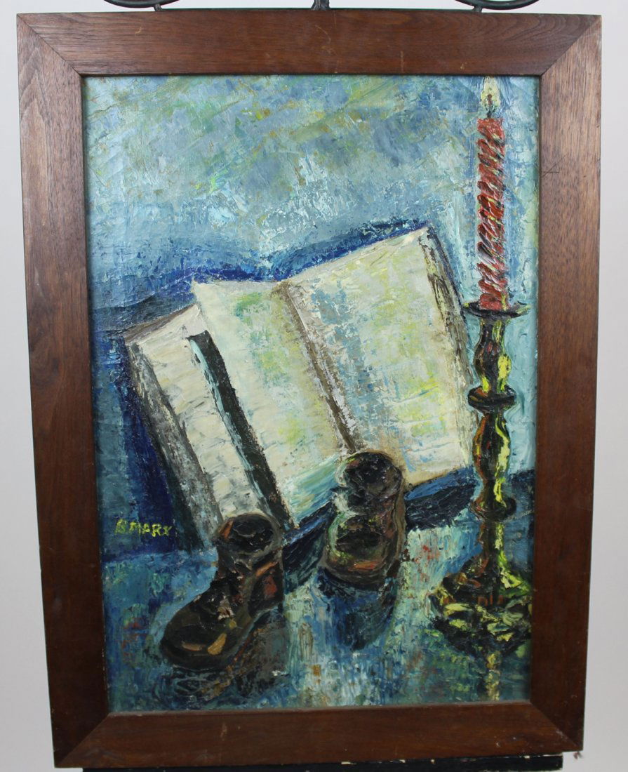 Oil on canvas stillife with boots & candle: Oil on canvas stillife with boots & candle. Signed Mary. Overal 28"h x 20"w
