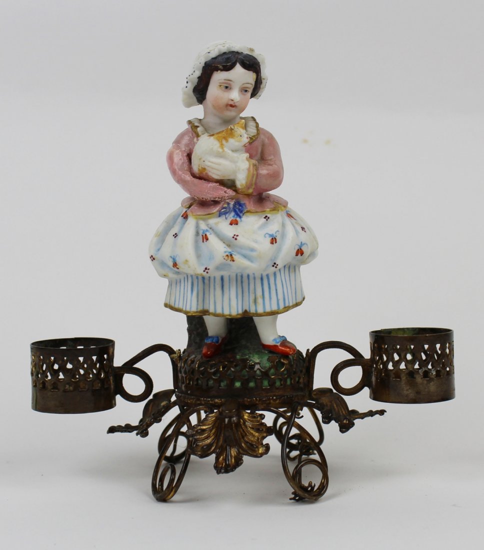 Porcelain & brass candle holder little girl holding cat (1 of 4)
