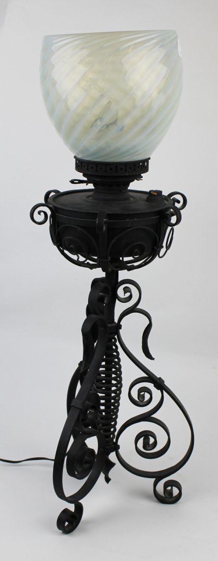 Victorian scrolled iron table lamp with opaline shade (1 of 5)