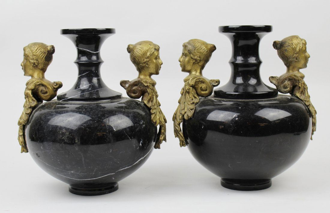 Pair black marble vases with bronze figural mounts (1 of 4)