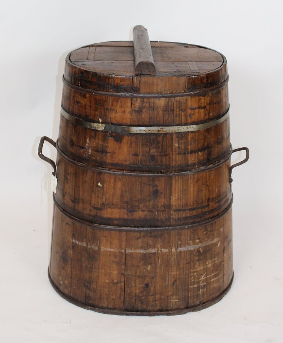 French vinyard wine barrel for harvesting grapes: French wine barrel for harvesting grapes. With iron hooks. 28 1/2"h x 18"w x 13"d