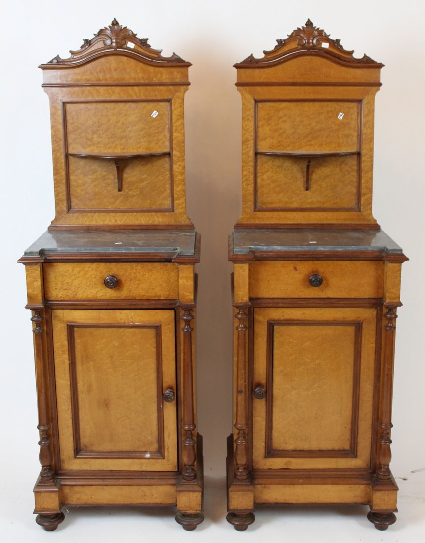 Pair of Biedermeier style chevets with marble top: Pair of Biedermeier style chevets with marble tops & backsplashes. 62"h x 21"w x 16"d