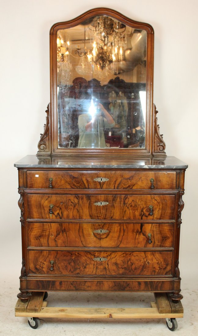Louis Philippe commode in burled walnut: Louis Philippe commode in burled walnut with marble top & mirror. 87 1/2"h x 48 1/2"w x 23 1/2"d