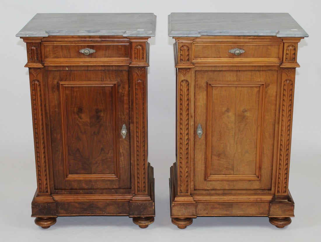 Pair of Italian Umbertine chevets with marble: Pair of Italian Umbertine chevets with marble. 33"h x 20 1/4"w x 15 1/2"d