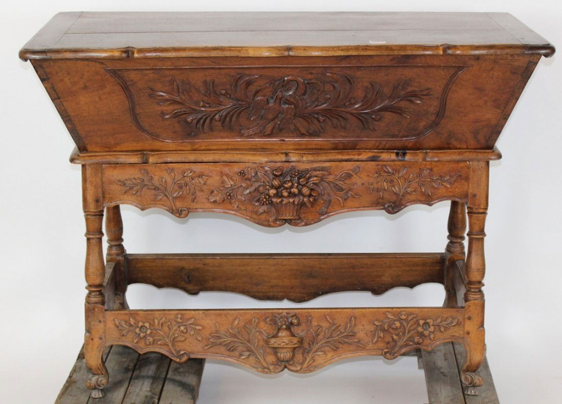 French Provincial carved walnut petrin (grain bin) (1 of 8)