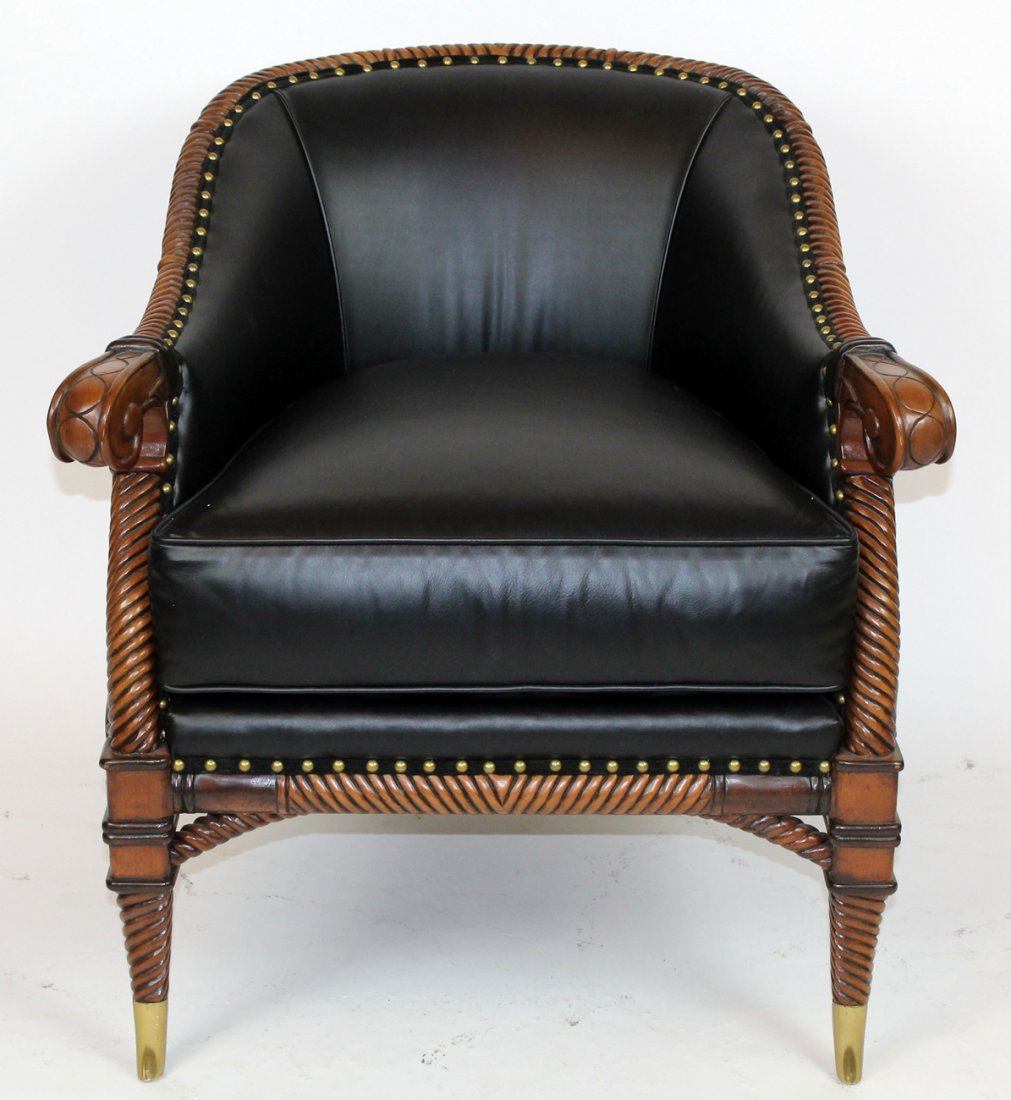 Studded black leather bucket chair in mahogany (1 of 5)