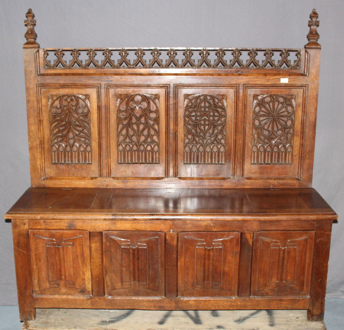 French Gothic carved walnut hallbench (1 of 6)