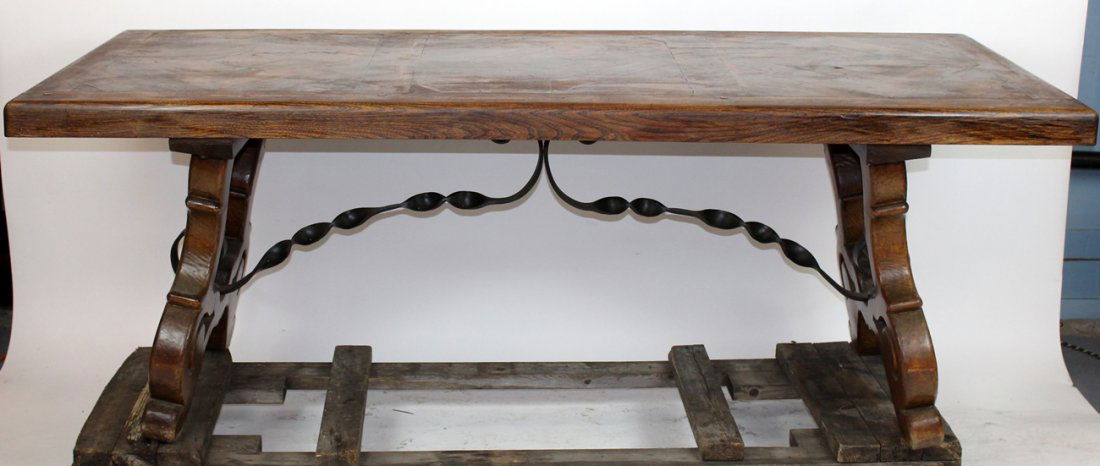 French oak parquet top table with iron stretcher (1 of 7)