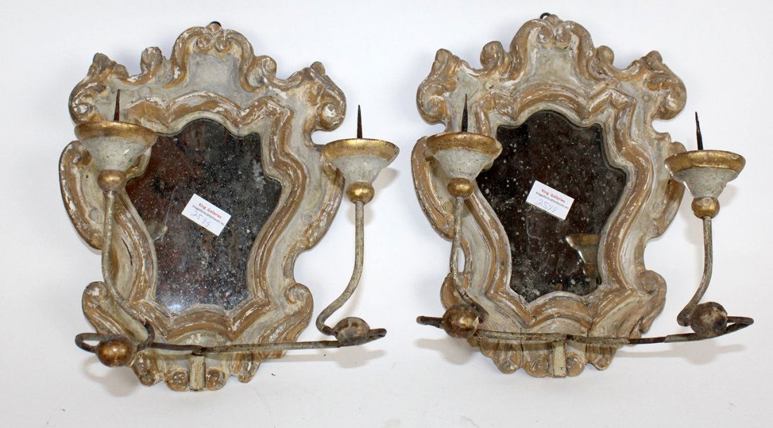 Pair of Italian carved wood shield form candle sconces (1 of 6)
