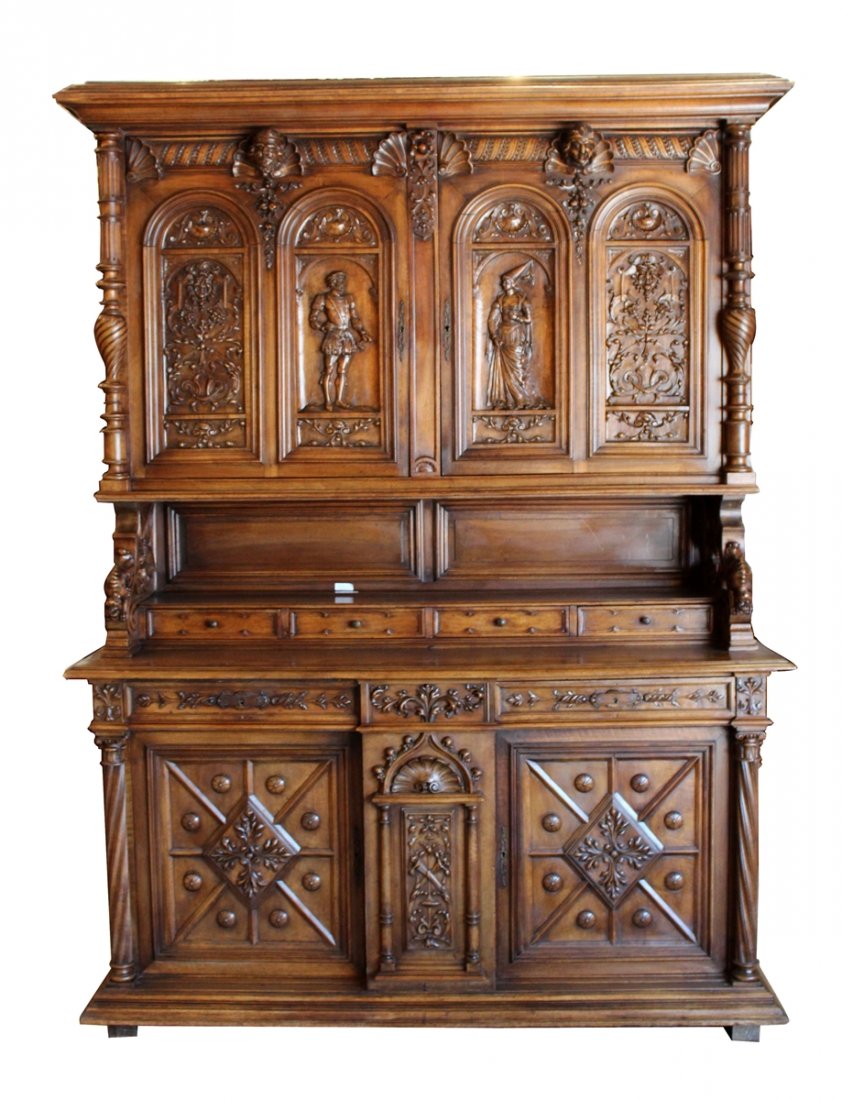 French 19th century relief carved walnut buffet. (1 of 6)
