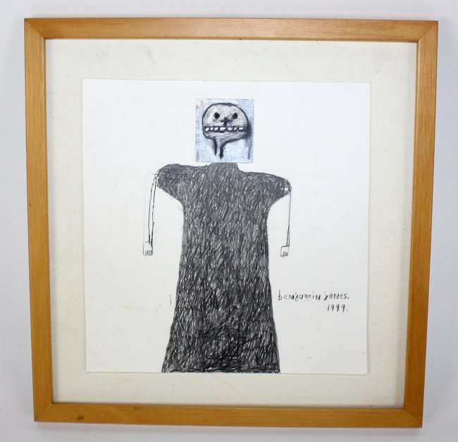 Benjamin Jones (Atlanta 1954-) pencil on paper: Benjamin Jones (Atlanta, 1954-) pencil drawing Skeleton on paper. Signed Benjami Jones 1999. 12"h x 12"w franed.