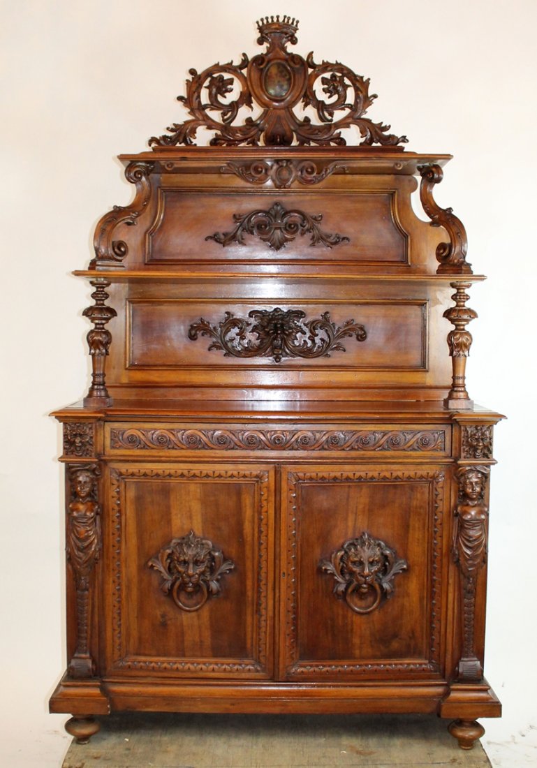 French carved walnut server with focal crest with (1 of 7)