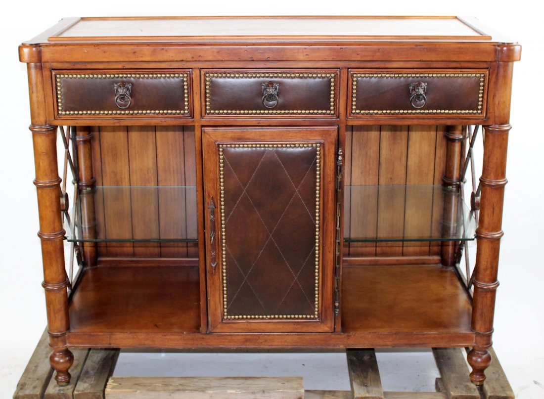Leather & mahogany sideboard with copper top: Mahogany sideboard with leather panels and copper top. 41 1/2"h x 53 1/4"w x 22"d