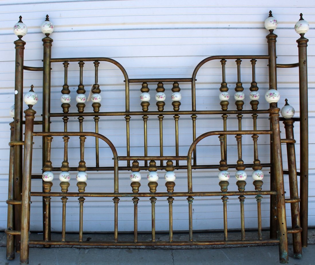 Antique American brass bed with porcelain balls