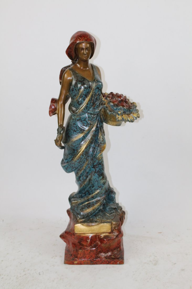 Polychrome finish bronze woman with basket of apples (1 of 3)