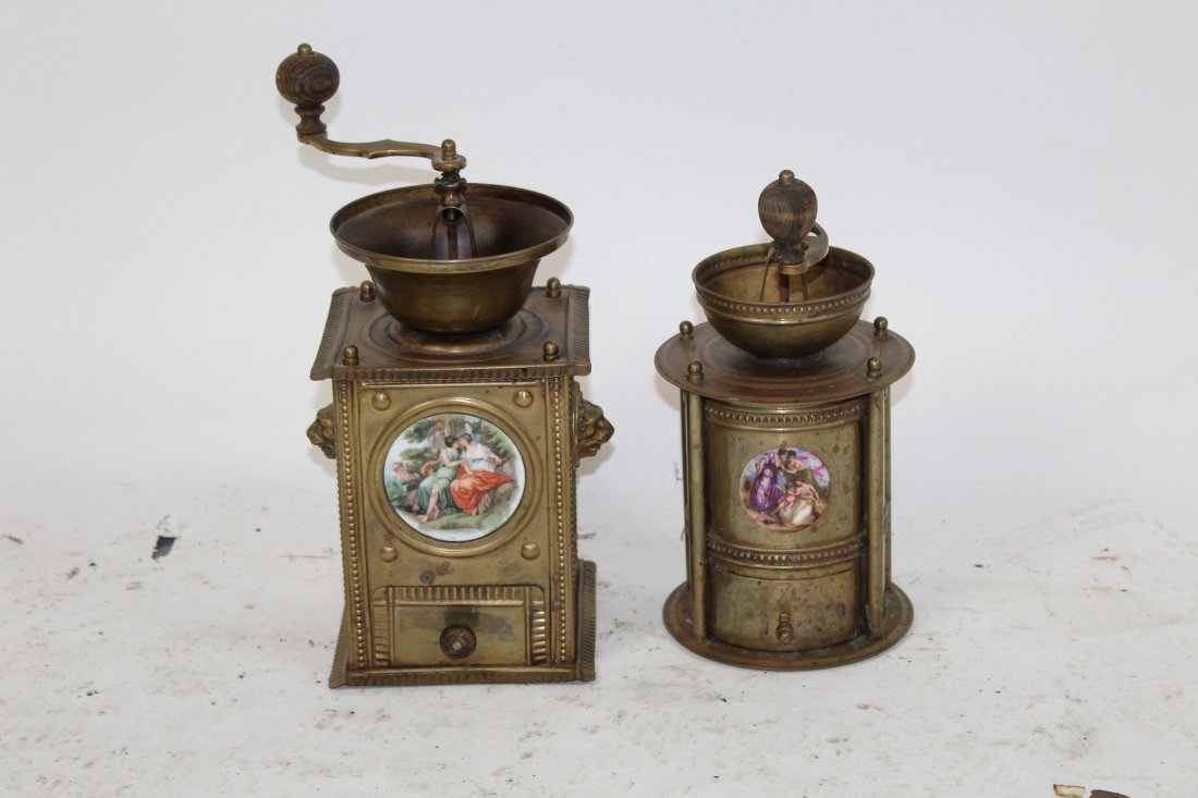 Lot of 2 vintage brass & porcelain coffee grinders (1 of 5)