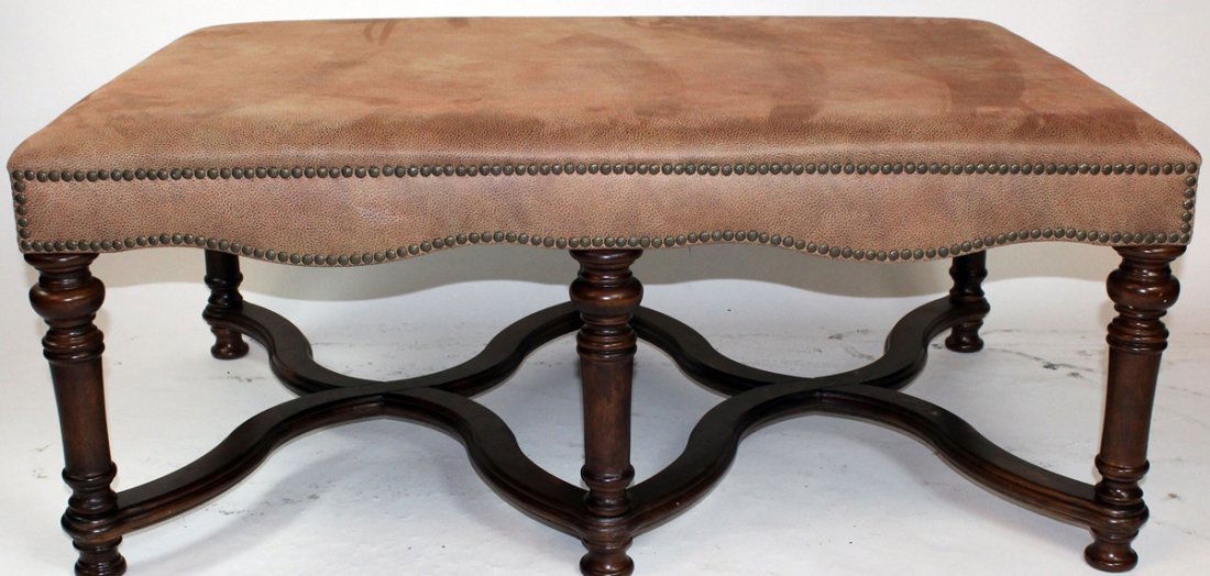 French style leather & mahogany ottoman (1 of 4)