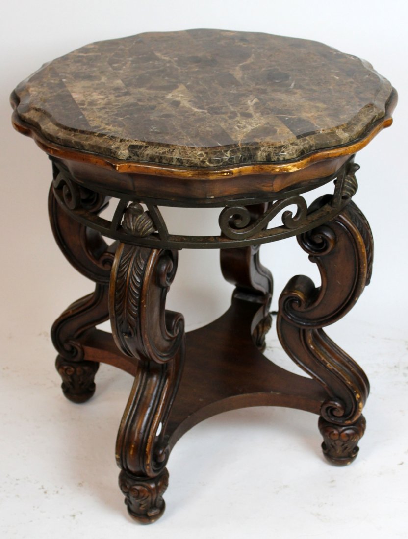 Gueridon table with veneered marble top: Gueridon table with veneered marble top. 32"h x 28"dia