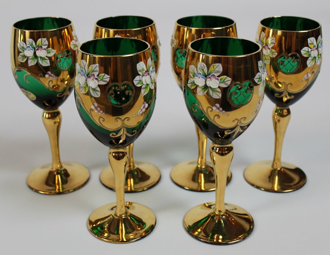 6 Bohemia hand painted green glass wine stems: Set of 6 Bohemia hand painted green glass wine stems. 7"h
