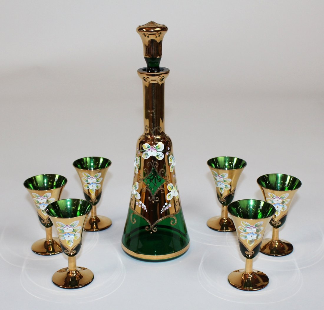Bohemia hand painted green glass cordial set (1 of 5)