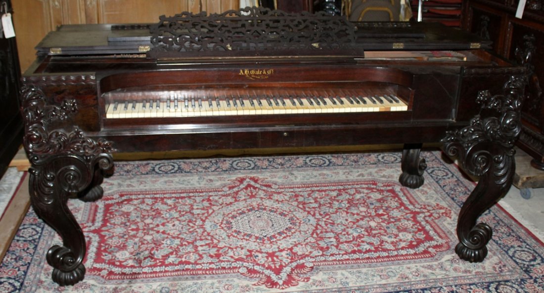 A H Gale square grand piano in rosewood case: AH Gale square grand piano in rosewood case. 36 1/2"h x 77"l x 37"w Serial no. 5865