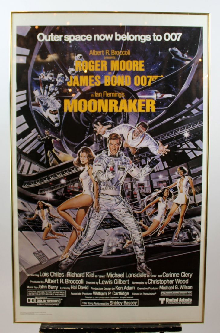 Vintage signed James Bond 007 "Moonraker" movie poster: Vintage James Bond 007 "Moonraker" movie poster signed by Roger Moore. The Vintage Magazine Co. 40"h x 25"w