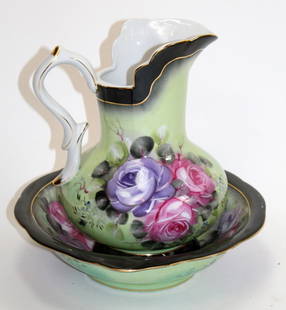 Hand painted Nippon porcelain pitcher & basin: Hand painted Nippon pitcher & basin. 15"h x 12"diam