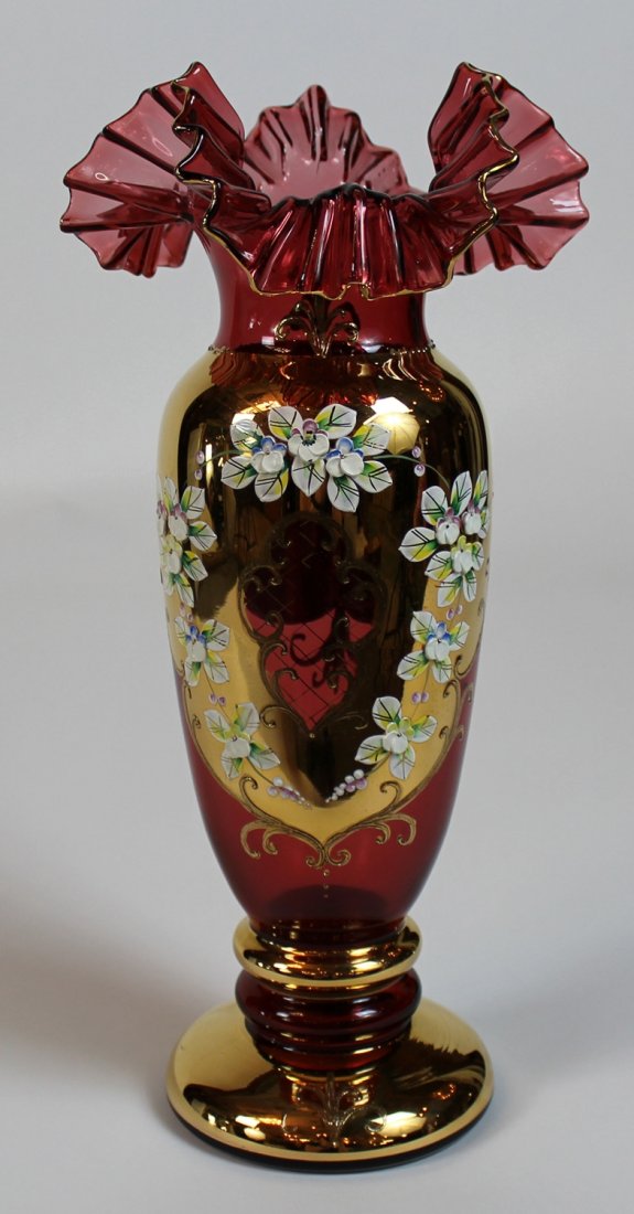 Bohemia Czech Republic painted ruffled edge vase (1 of 4)