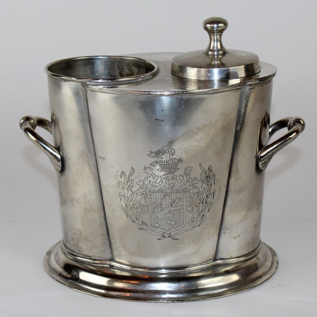 French silverplate wine cooler: French silverplate wine cooler with engraved coat of arms. Early 20th century. 9 1/2"h x 10"w