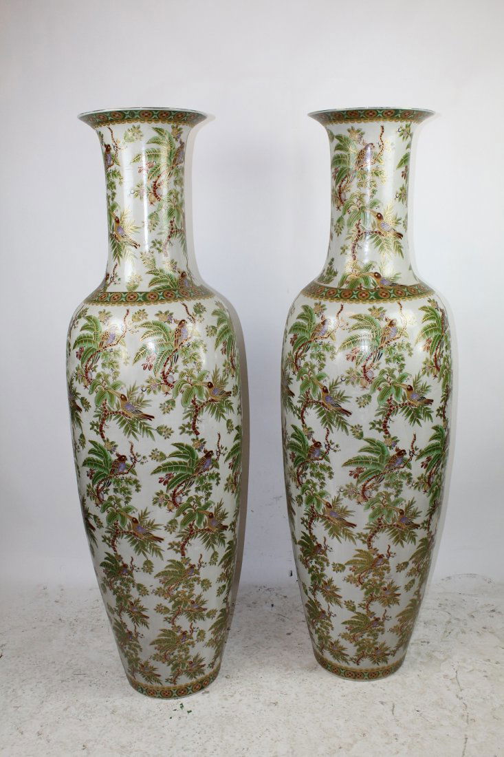 Pair of 6'h porcelain palace urns with birds (1 of 2)