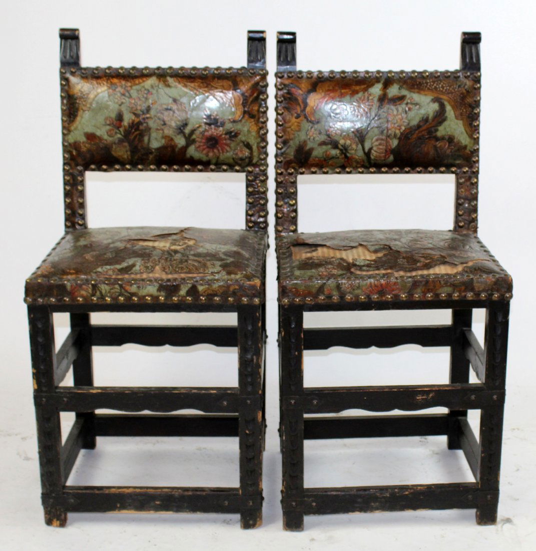 Pair 18th c Portugese chairs with leather (1 of 4)