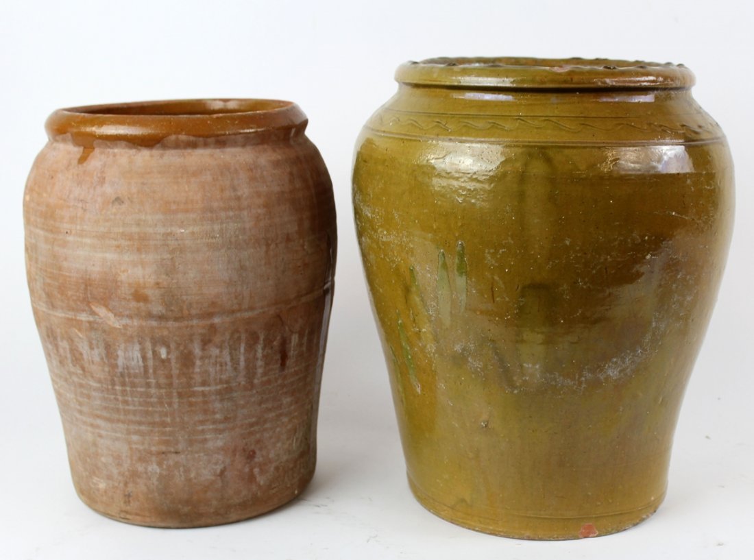 Lot of 2 French slip glazed terra cotta pots (1 of 3)