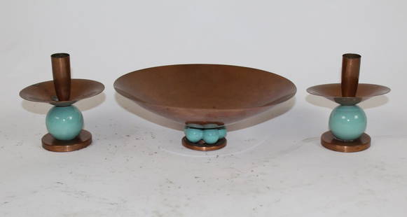 Royal Hickman copper & ceramic candle holder & vase: Royal Hickman copper & ceramic mid-century 3pc set: Pair of candle holders 5 1/2"h x 5"dia and 1 vase centerpiece. 3 /34"h x 10 1/2"dia